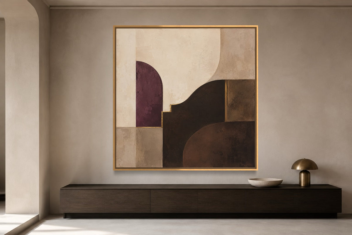 Plum Chamber square architectural abstract wall art above a dark wood console