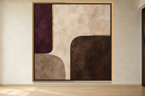 After Plum square plum, warm ivory and chocolate abstract wall art in a warm neutral interior