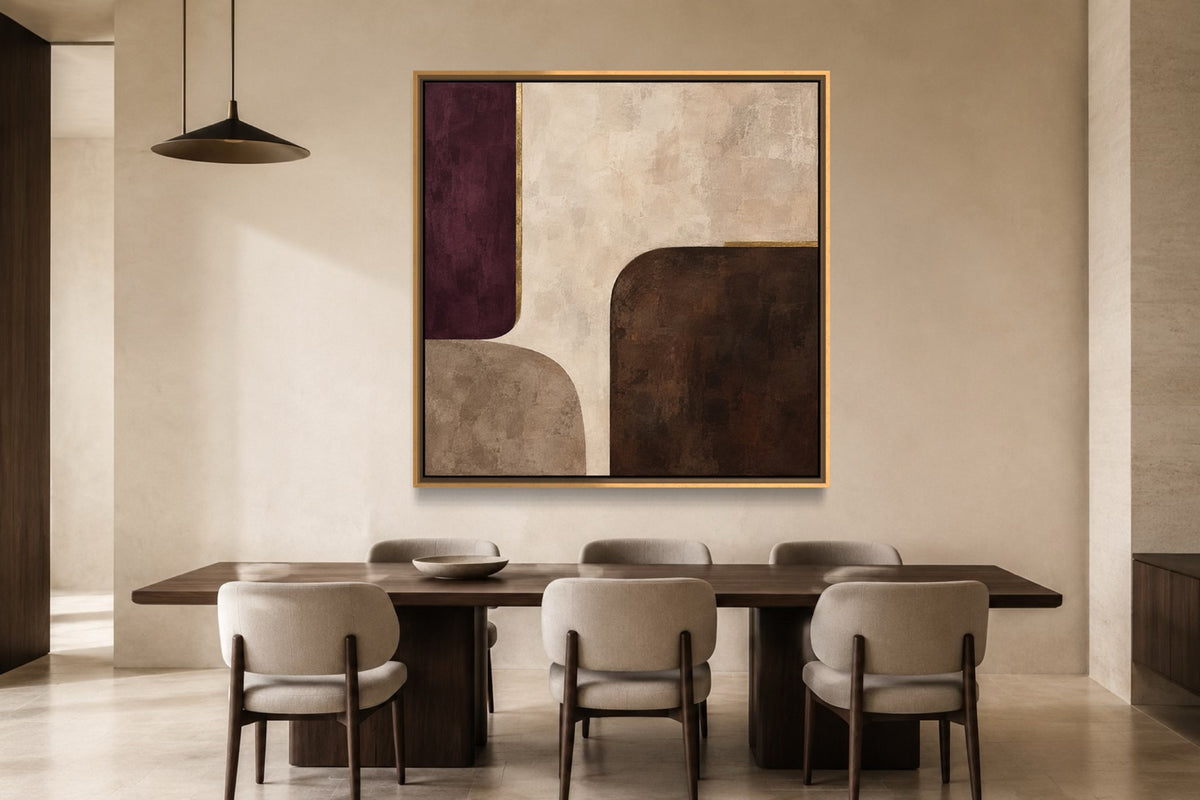 After Plum square plum abstract wall art in a contemporary dining room