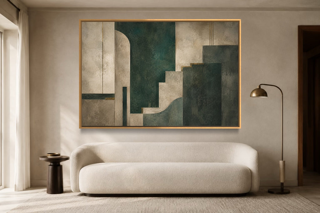 Jade Structure green and limestone abstract wall art above an ivory sofa