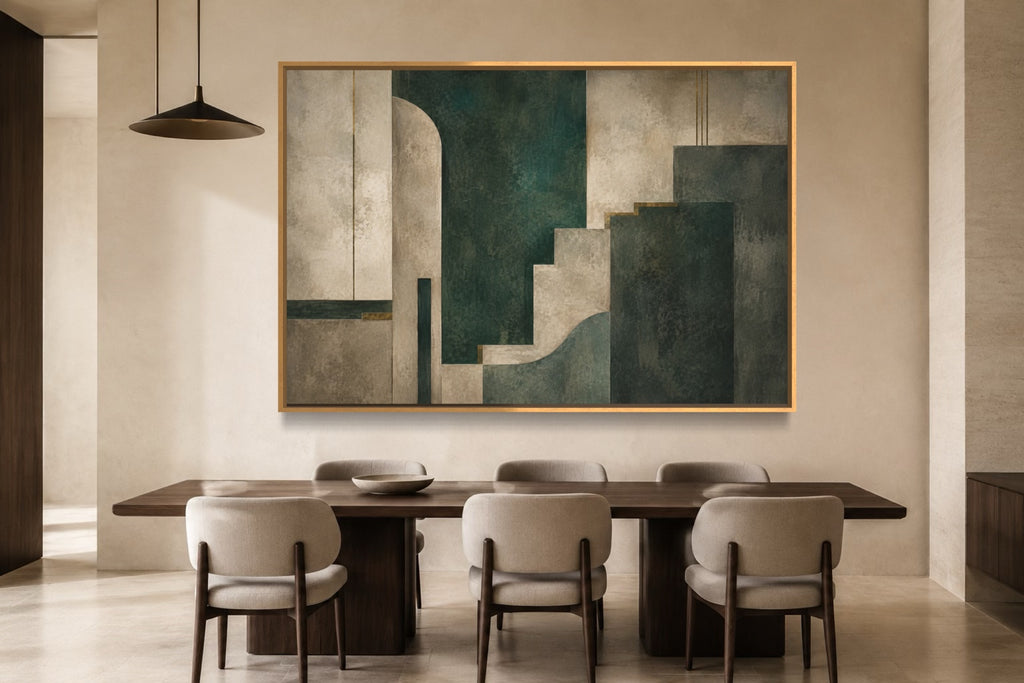 Jade Structure jade geometric abstract wall art above a dark walnut dining table