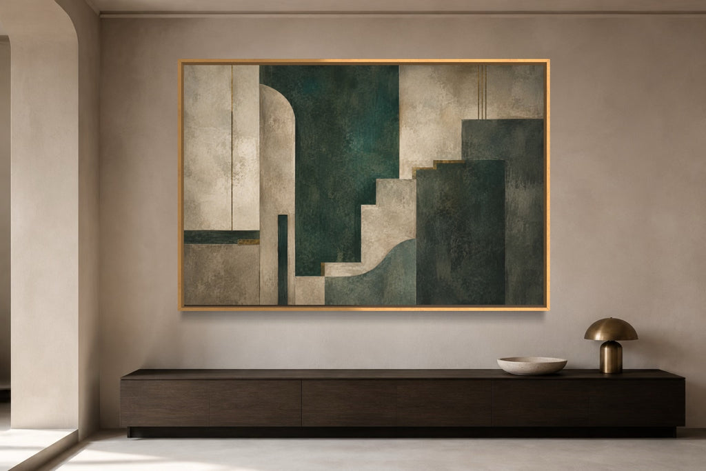 Jade Structure green architectural abstract wall art above a dark timber console