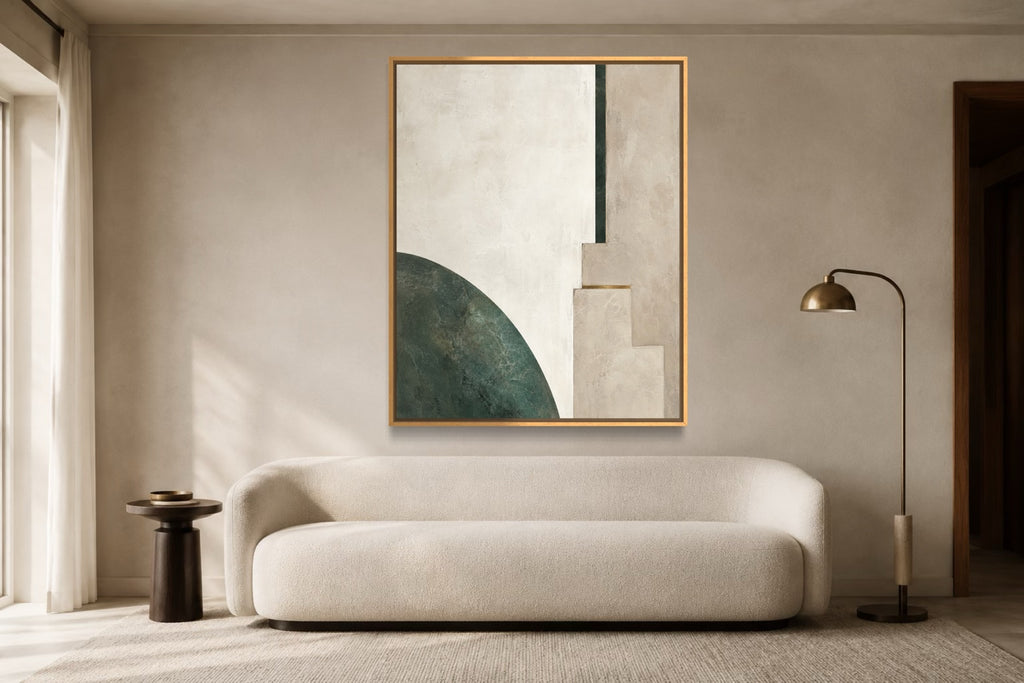 Jade Interval light jade and ivory geometric abstract wall art above an ivory sofa