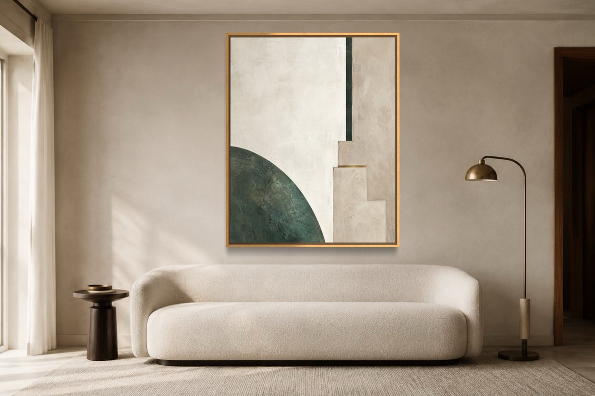 Jade Interval light jade and ivory geometric abstract wall art above an ivory sofa