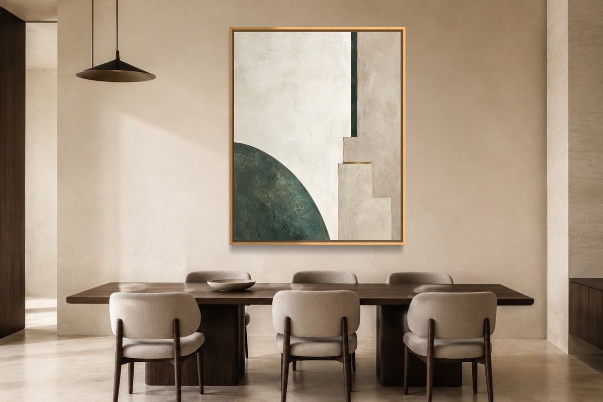 Jade Interval architectural portrait abstract wall art above a dark walnut dining table