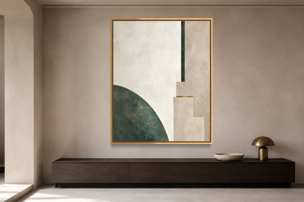 Jade Interval pale limestone and jade abstract wall art above a dark timber console