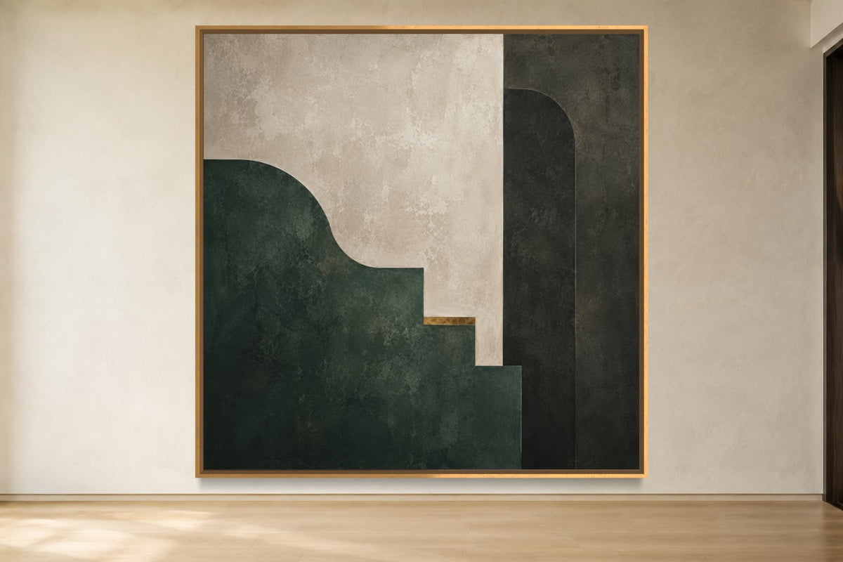 Jade Chamber square deep jade, charcoal and limestone geometric abstract wall art in a gold frame