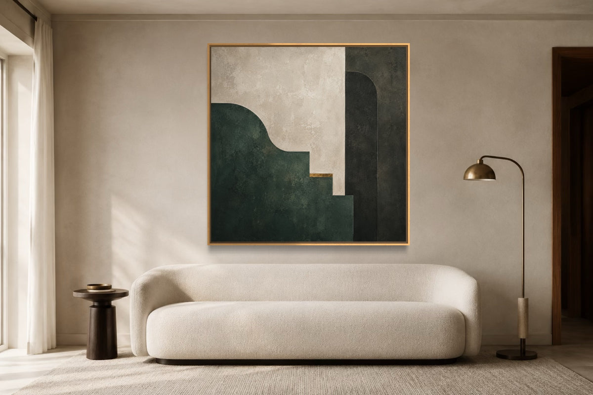 Jade Chamber square jade and limestone abstract wall art above an ivory sofa