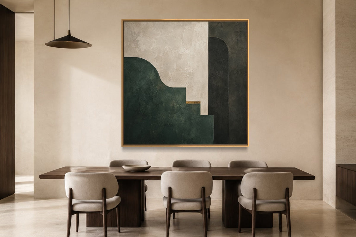 Jade Chamber dark jade geometric abstract wall art in a contemporary dining room
