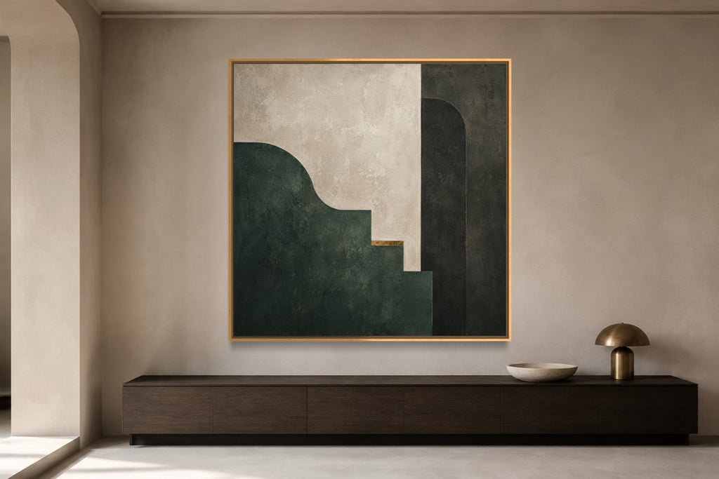 Jade Chamber square architectural abstract wall art above a dark timber console