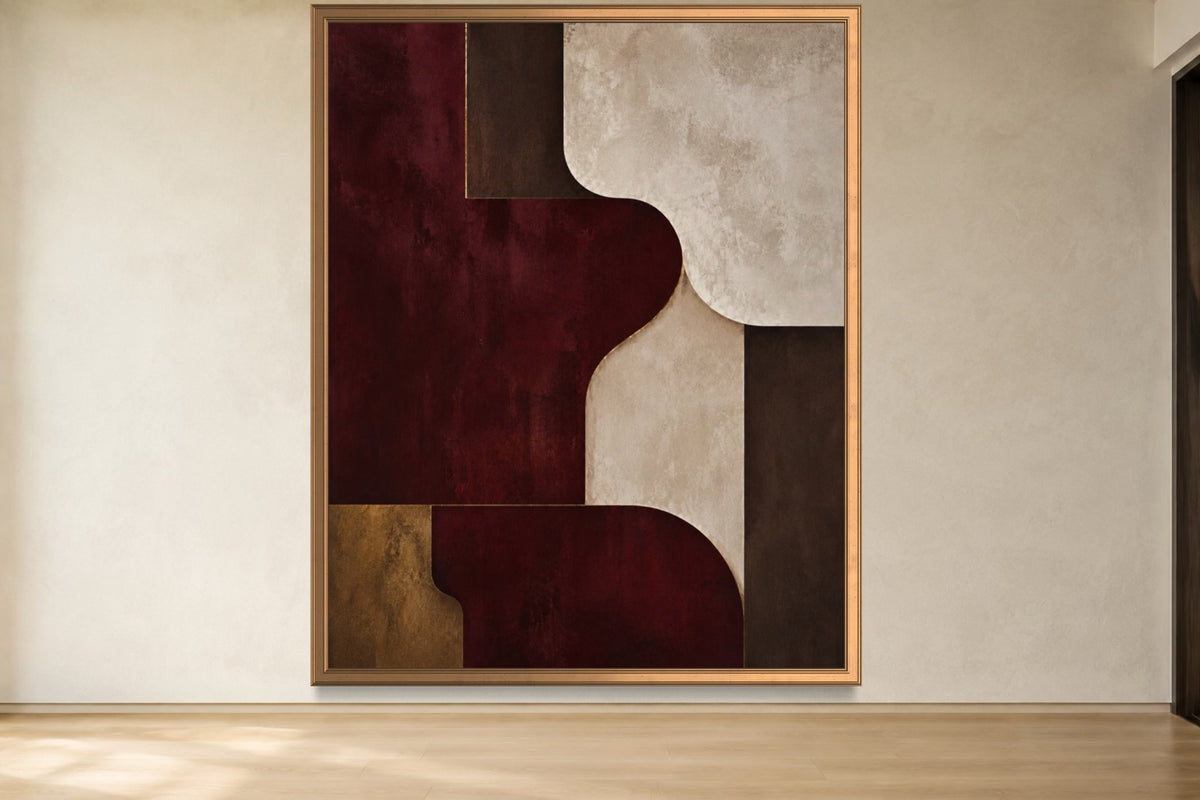 Burgundy Room burgundy, ivory and brass geometric abstract wall art in a gold frame