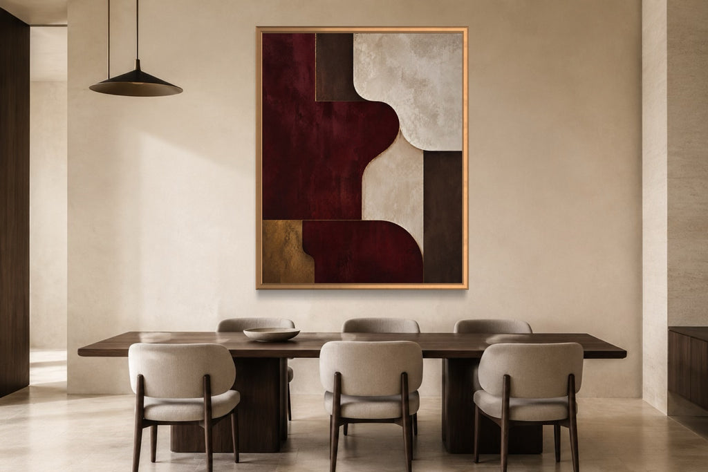 Burgundy Room burgundy abstract wall art above a dark walnut dining table