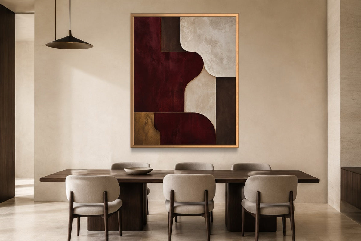 Burgundy Room burgundy abstract wall art above a dark walnut dining table