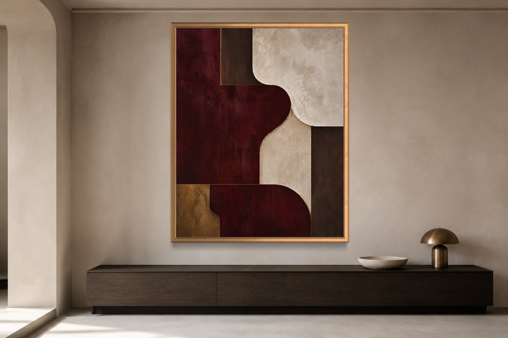 Burgundy Room architectural abstract wall art above a dark timber console
