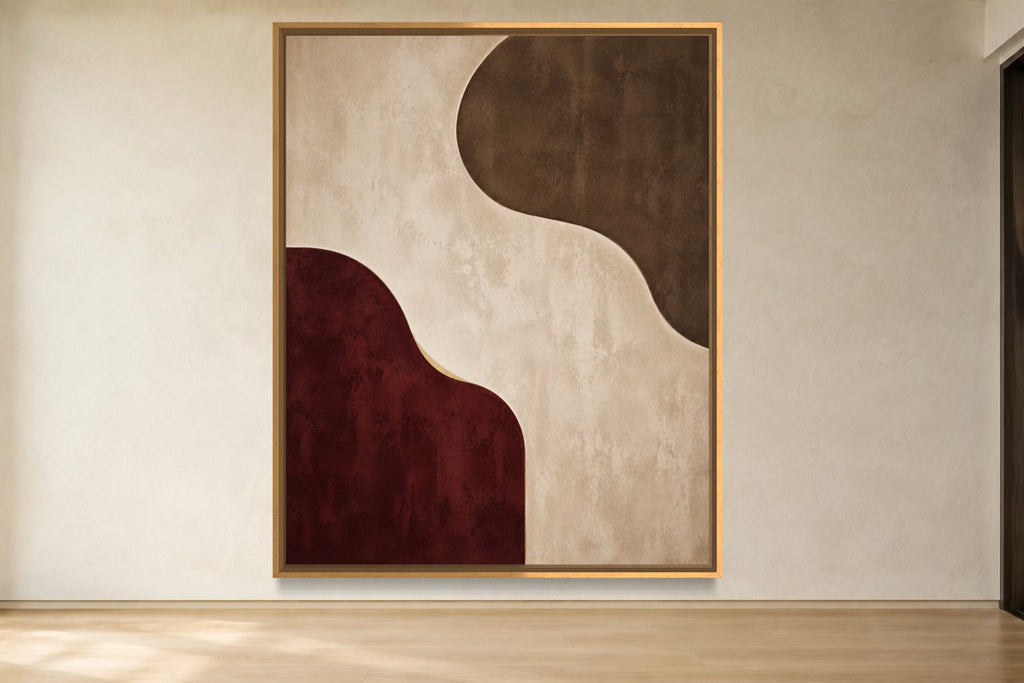 Burgundy Interval portrait oxblood, chocolate and warm ivory abstract wall art in a gold frame