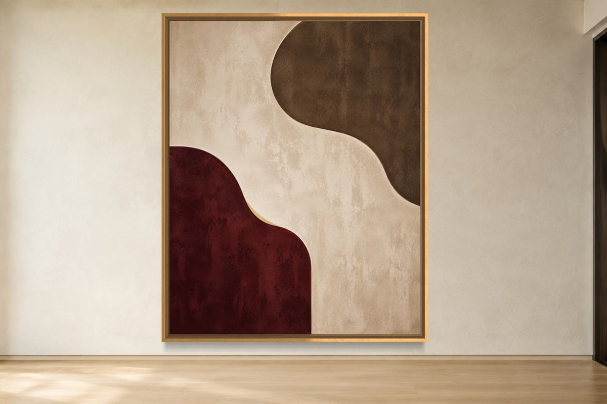 Burgundy Interval portrait oxblood, chocolate and warm ivory abstract wall art in a gold frame