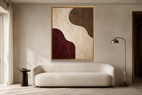 Burgundy Interval burgundy and warm ivory abstract wall art above an ivory sofa
