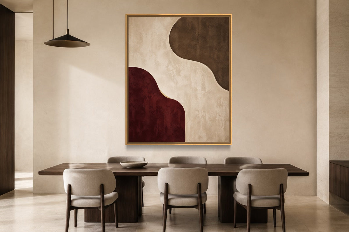 Burgundy Interval portrait geometric abstract wall art in a contemporary dining room