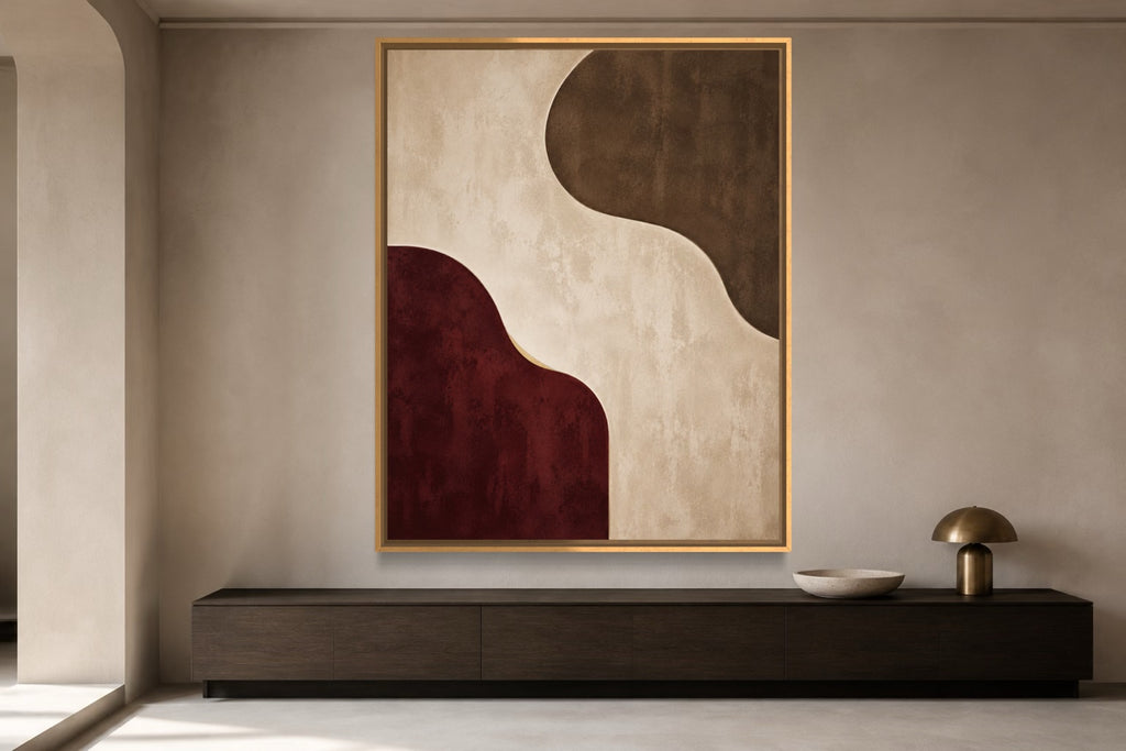 Burgundy Interval architectural abstract wall art above a dark timber console