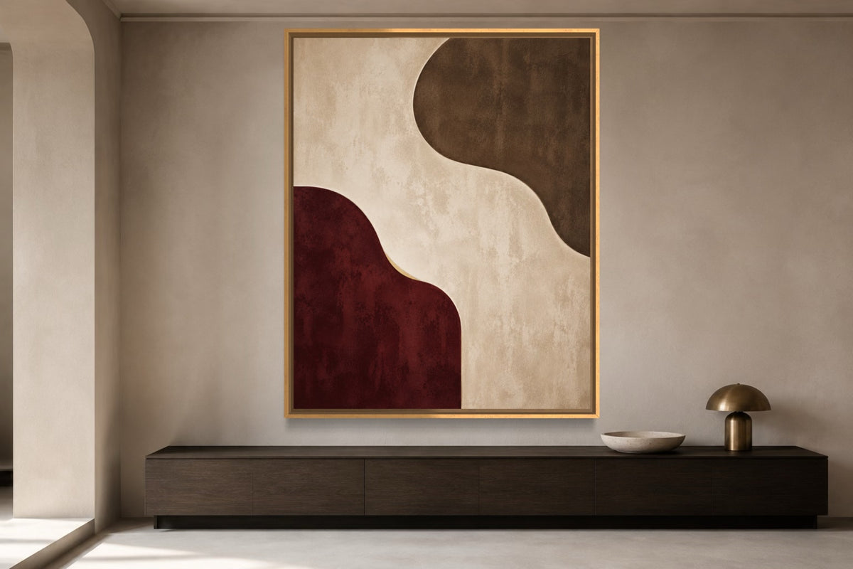 Burgundy Interval architectural abstract wall art above a dark timber console