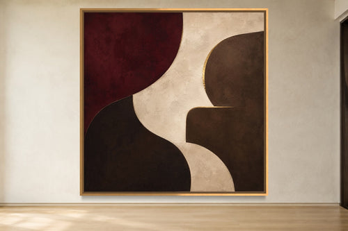 Burgundy Chamber oxblood, espresso and warm ivory square abstract wall art in a gold frame