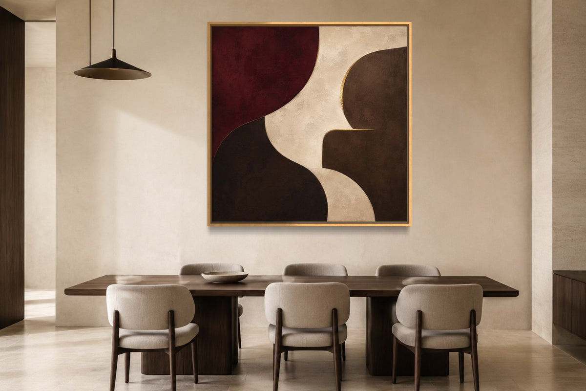 Burgundy Chamber oxblood and chocolate square abstract wall art above a dark walnut dining table