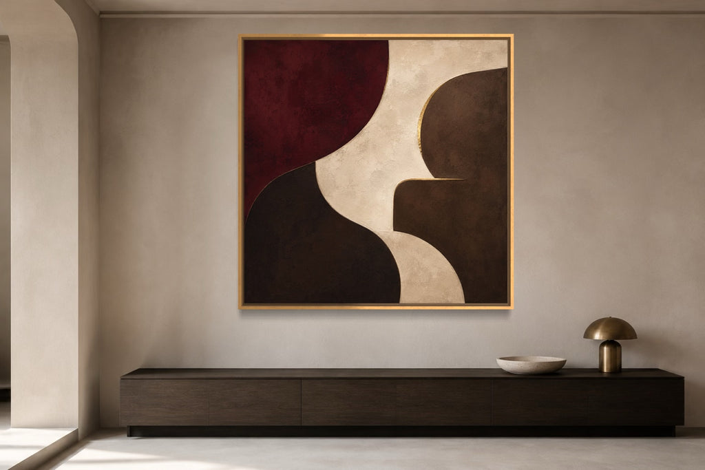 Burgundy Chamber architectural square abstract wall art above a dark timber console