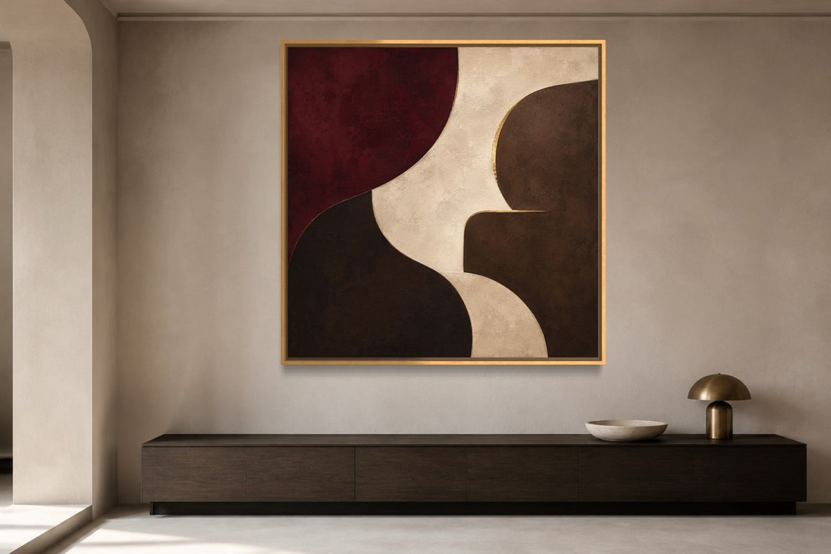 Burgundy Chamber architectural square abstract wall art above a dark timber console