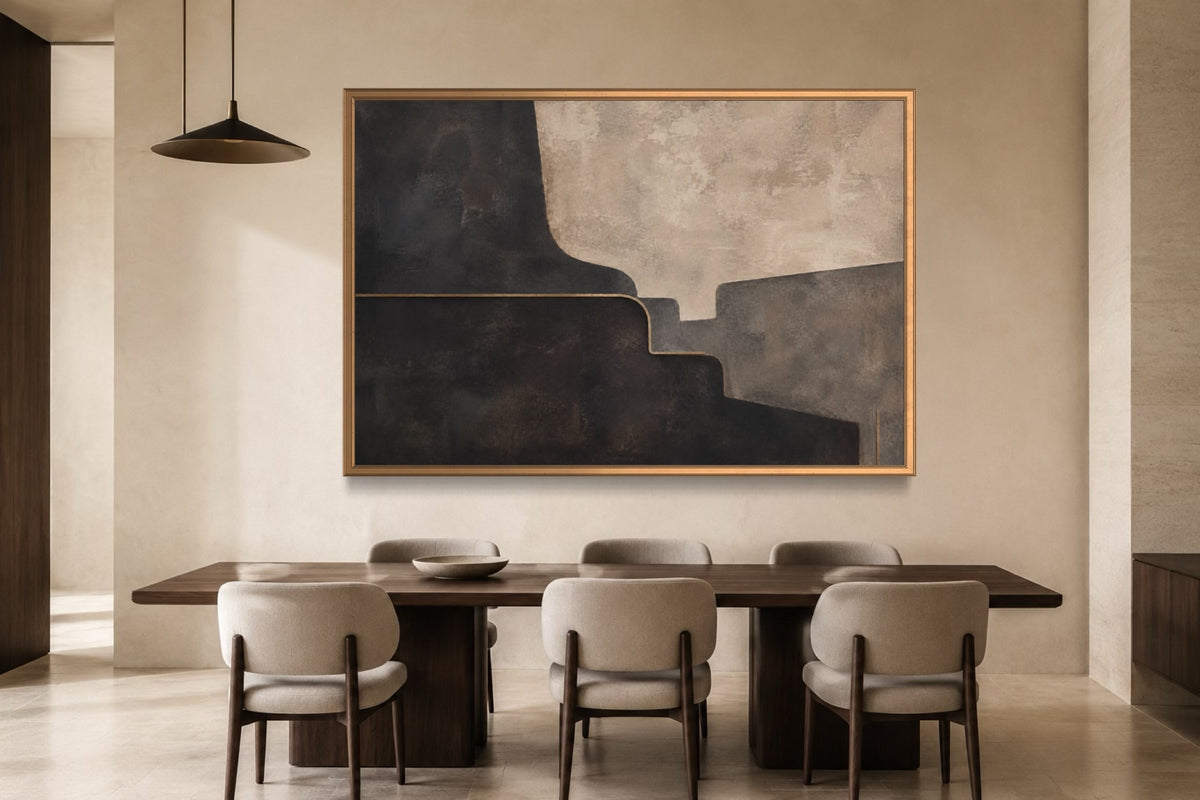Midnight Form charcoal and stone abstract wall art above a dark walnut dining table