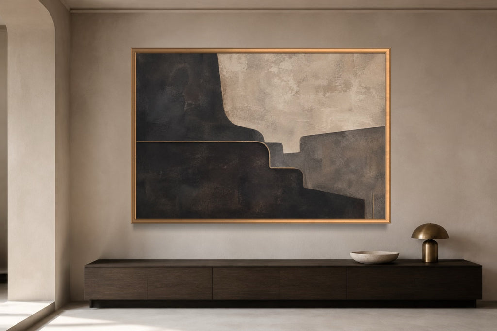 Midnight Form architectural abstract wall art above a dark timber console