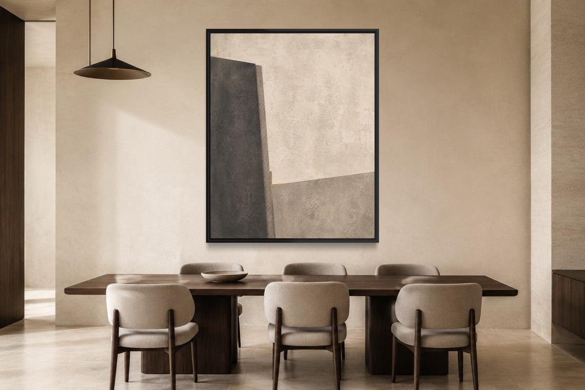 Midnight Interval portrait architectural abstract wall art above a dark walnut dining table