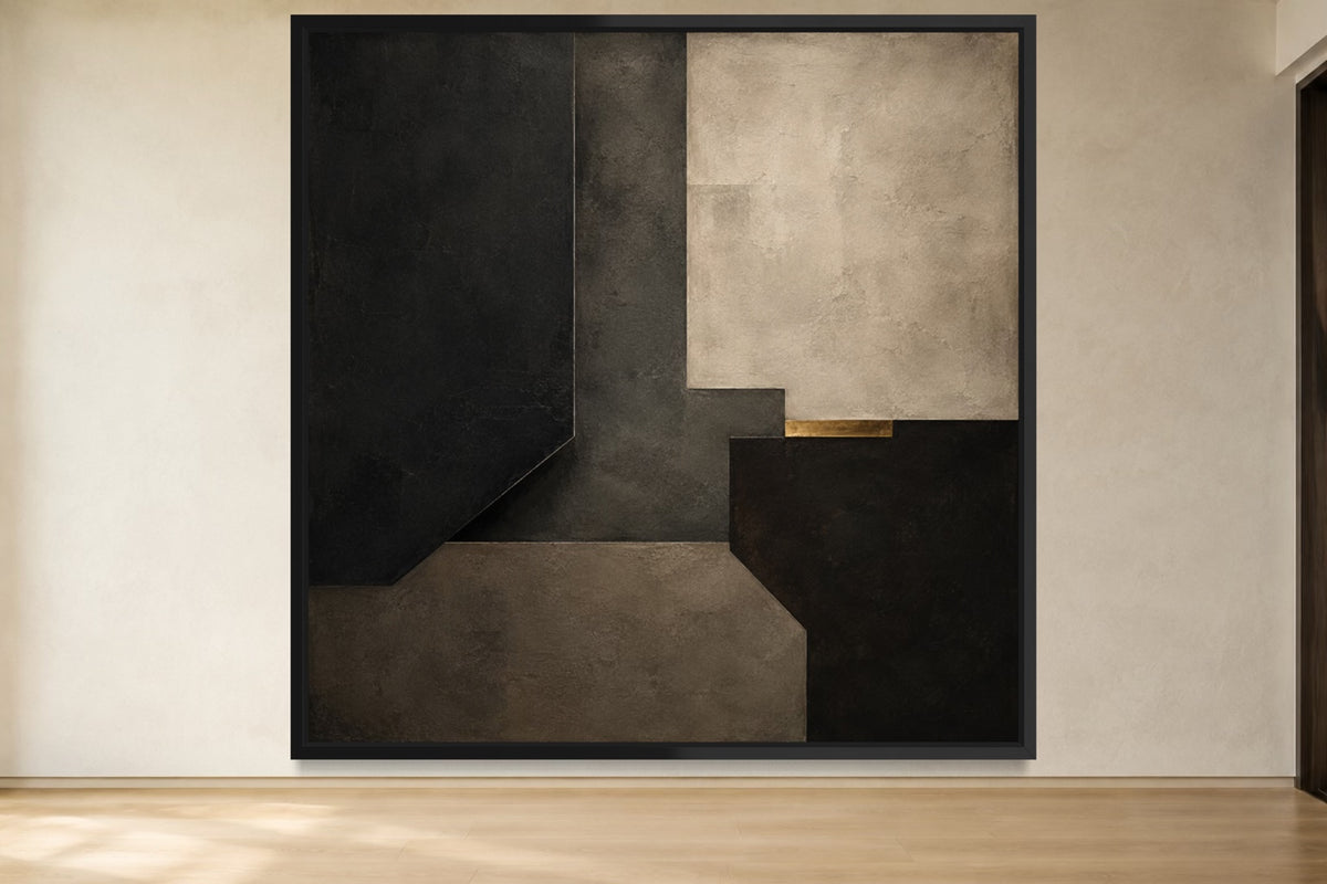 Midnight Chamber charcoal, graphite and warm-stone square abstract wall art in a black frame