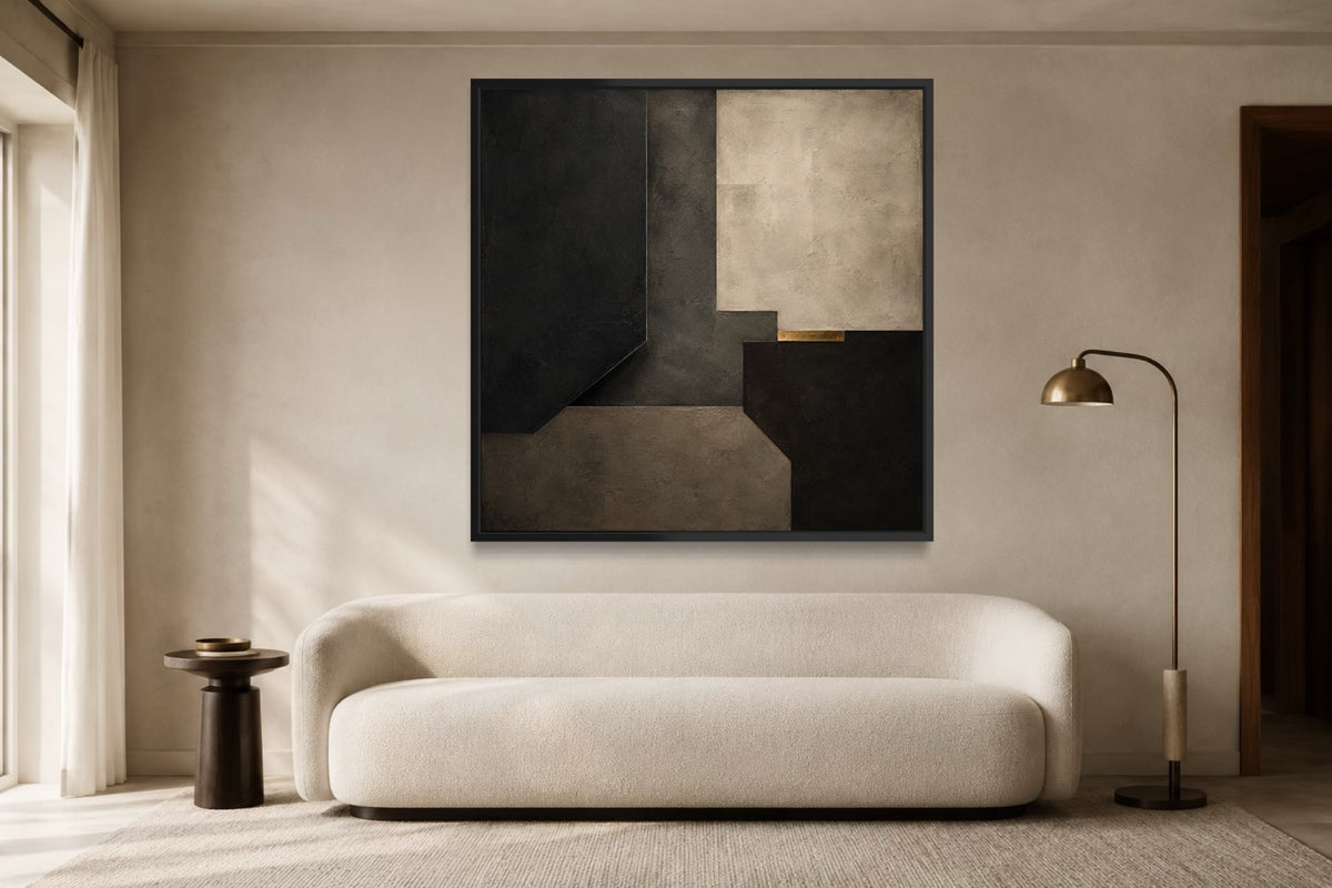 Midnight Chamber dark charcoal square geometric abstract wall art above an ivory sofa