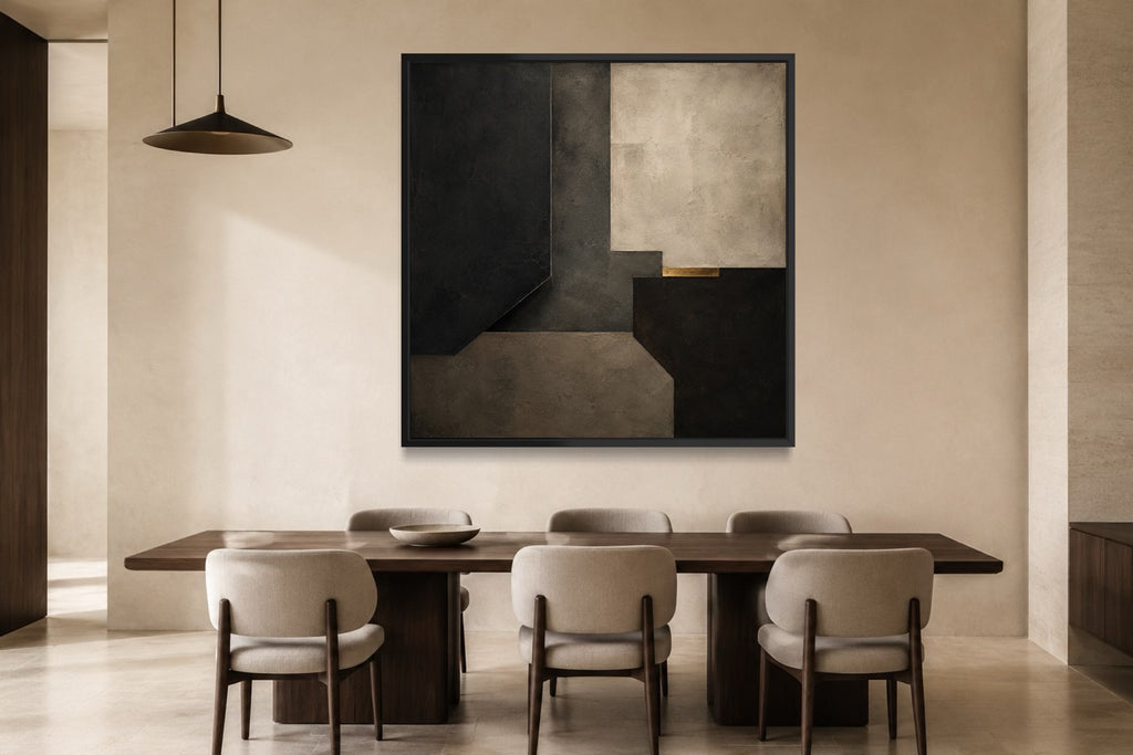 Midnight Chamber charcoal and warm-stone square abstract wall art above a dark walnut dining table