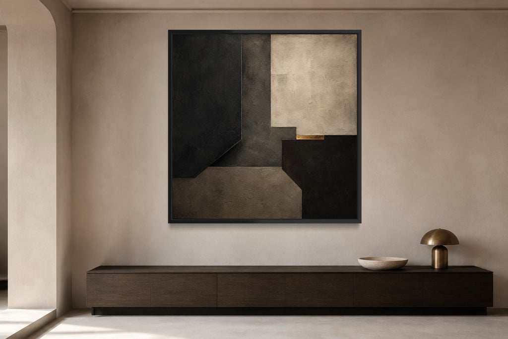 Midnight Chamber architectural square abstract wall art above a dark timber console