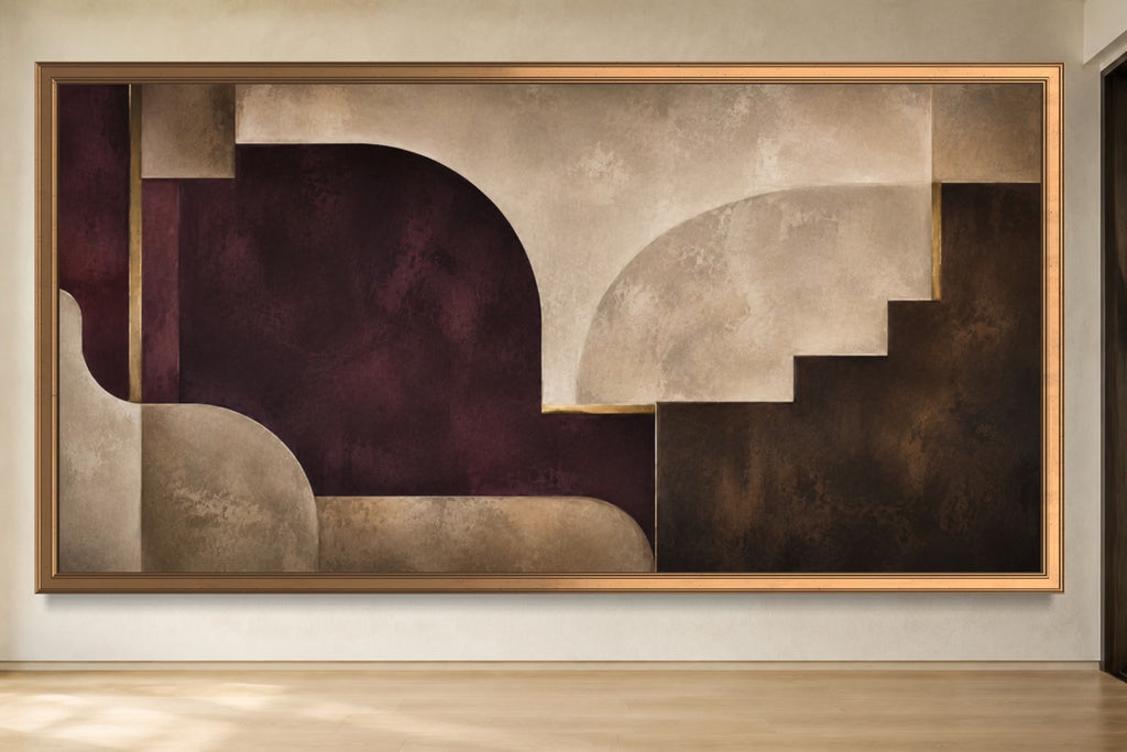 Salon plum, chocolate and ivory panoramic geometric abstract wall art in a gold frame