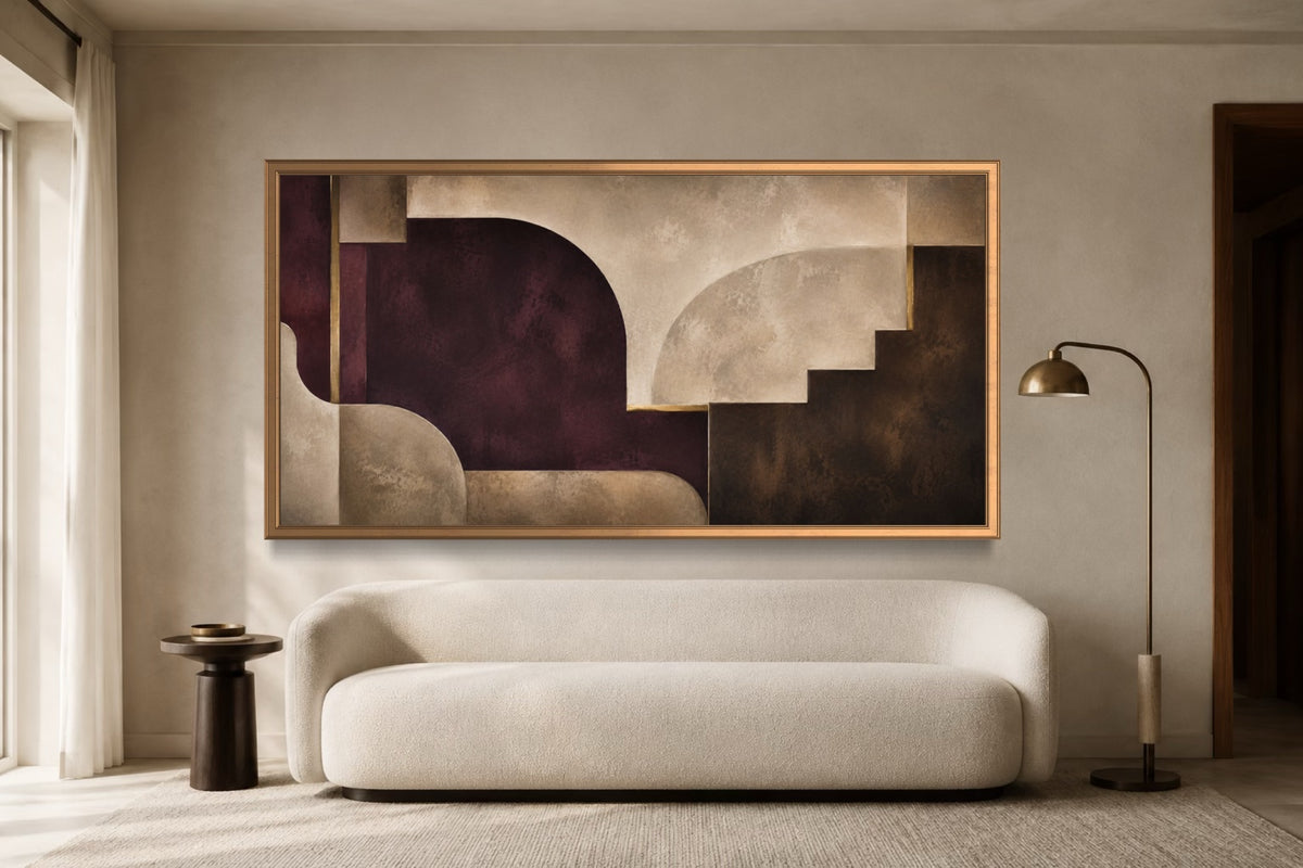 Salon plum panoramic abstract wall art above an ivory sofa