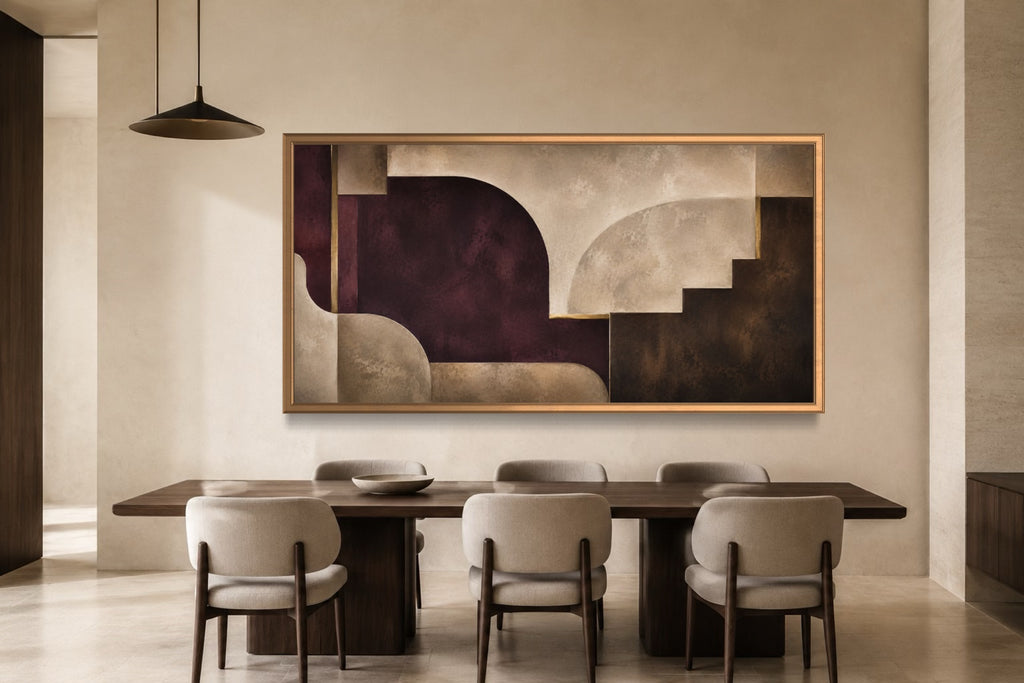 Salon plum and chocolate panoramic abstract wall art above a dark walnut dining table