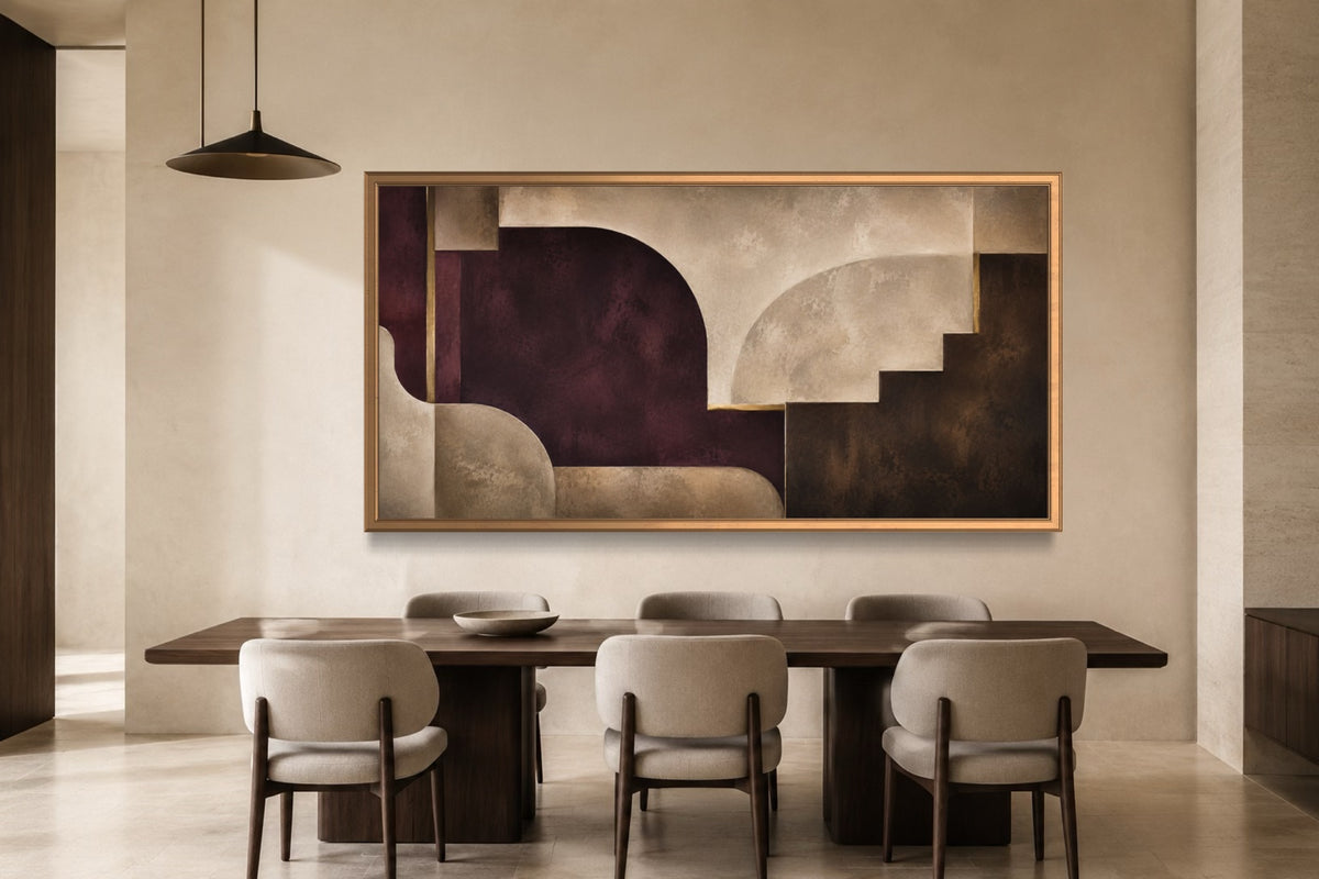 Salon plum and chocolate panoramic abstract wall art above a dark walnut dining table