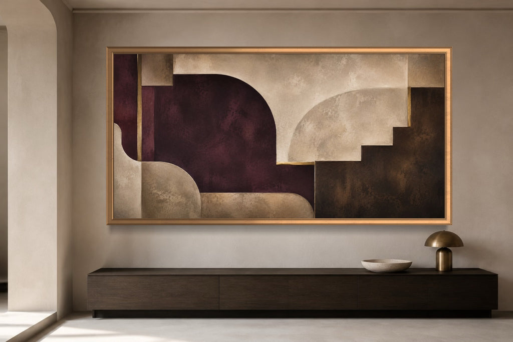 Salon architectural panoramic abstract wall art above a dark timber console