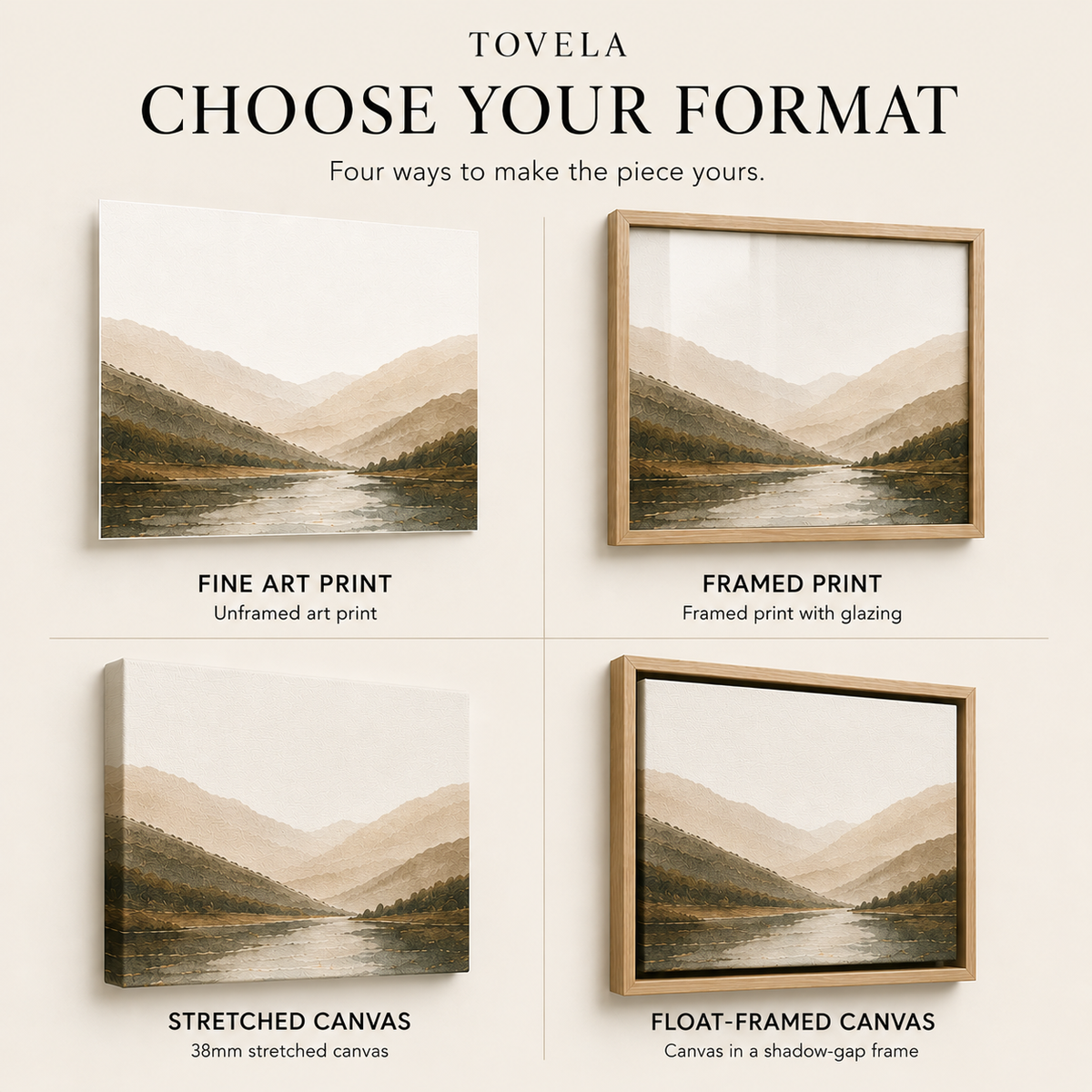 TOVELA guide comparing Fine Art Print, Stretched Canvas and Float-Framed Canvas formats
