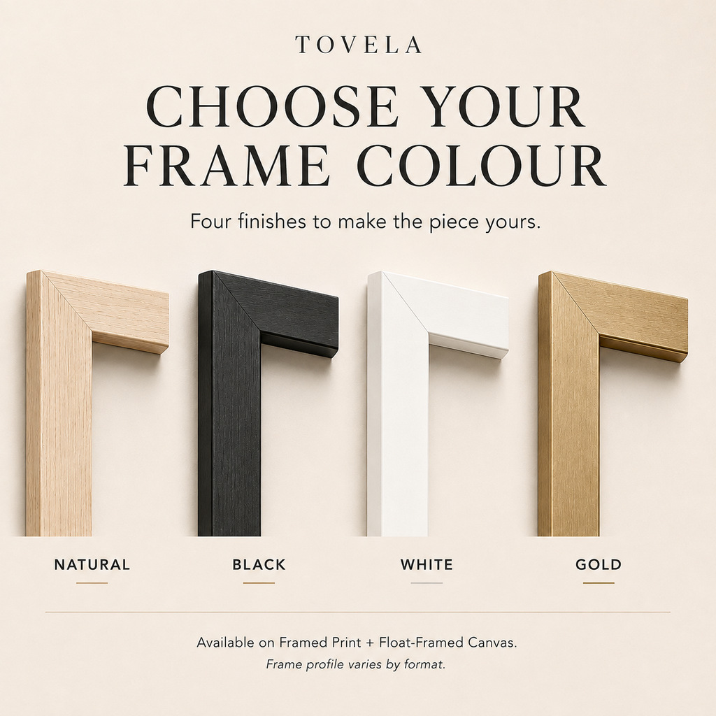 TOVELA frame colour guide showing Natural, Black, White and Gold