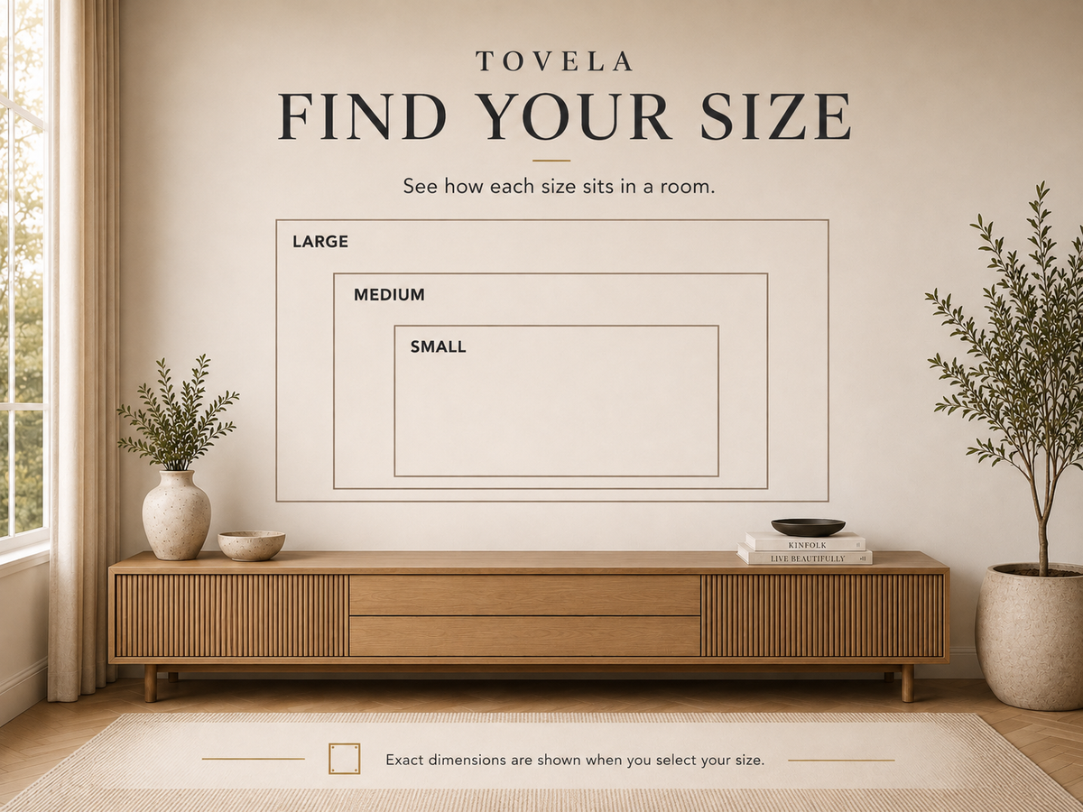 TOVELA size guide showing Small, Medium and Large wall art proportions