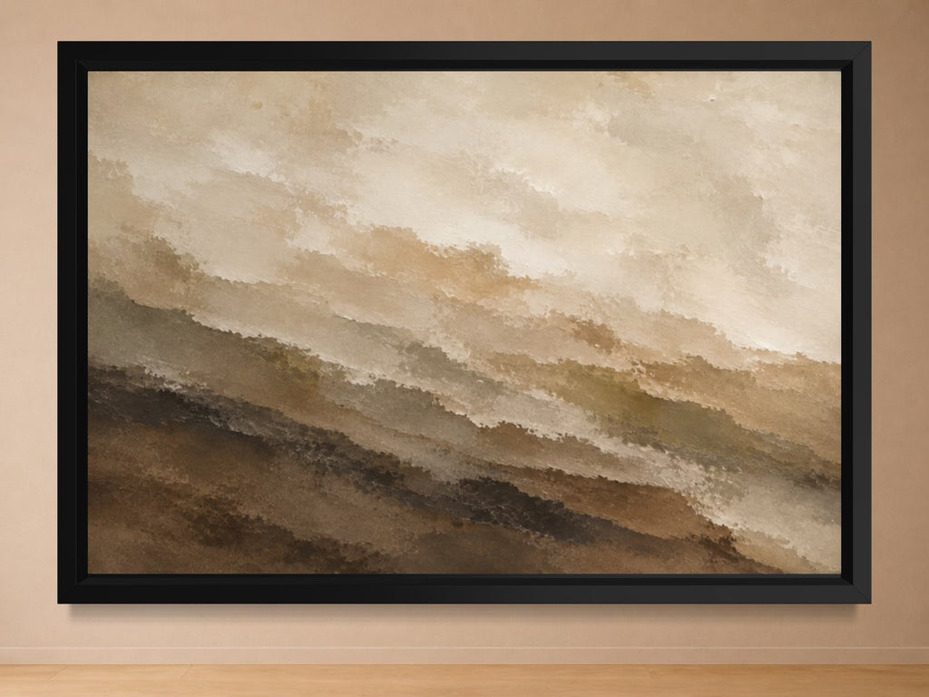 Earth Layers beige, taupe and brown abstract landscape wall art in a black frame