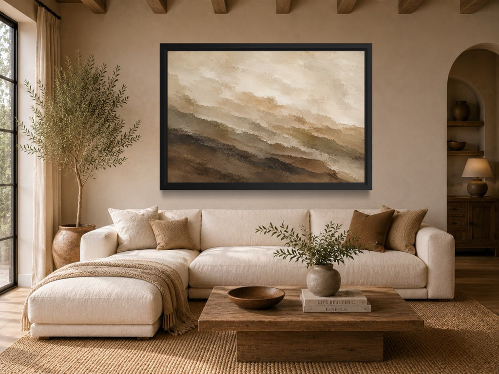 Earth Layers neutral abstract wall art above a cream sofa in a warm organic living room