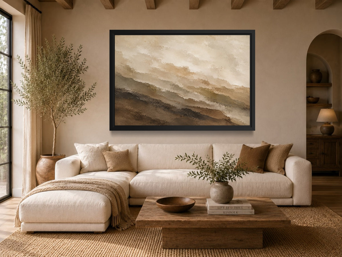 Earth Layers neutral abstract wall art above a cream sofa in a warm organic living room