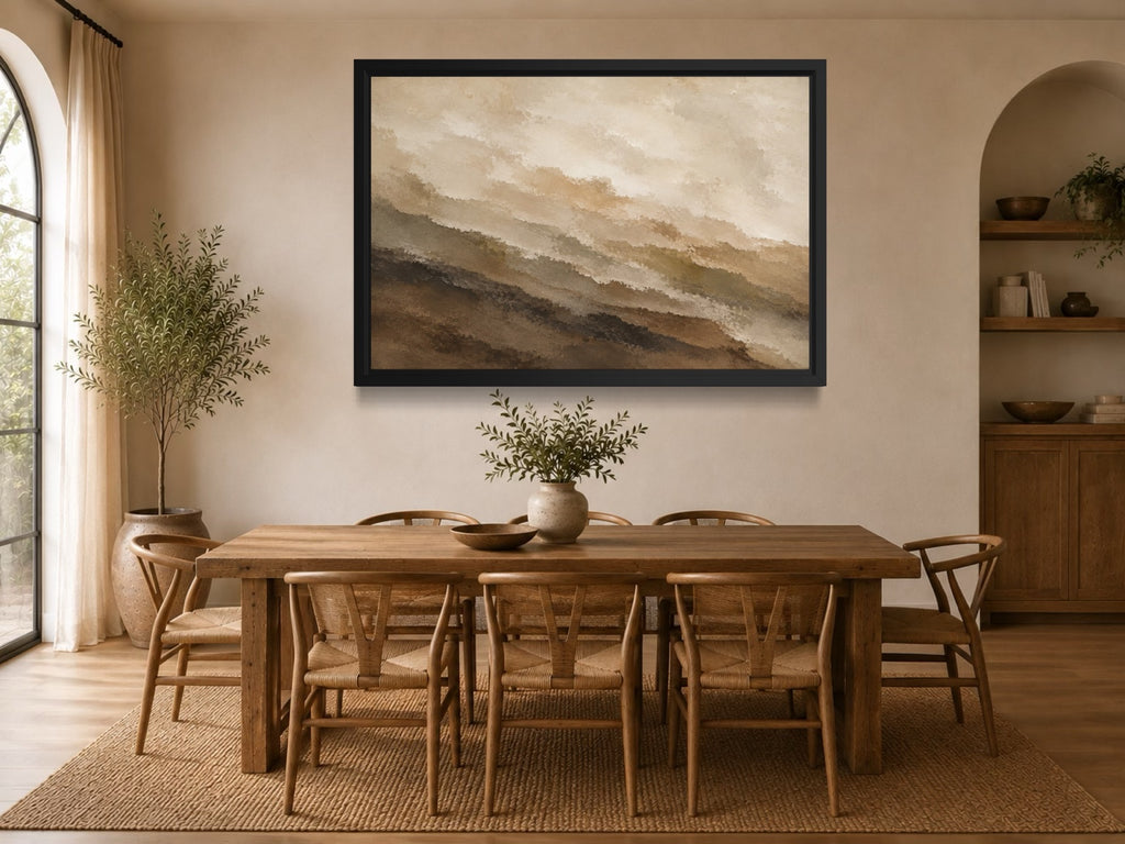 Earth Layers earth-tone abstract wall art above a wooden dining table