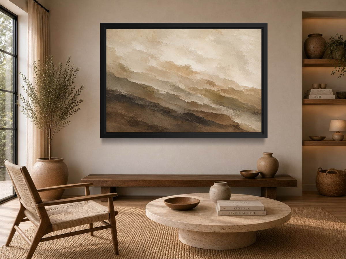 Earth Layers beige and brown abstract wall art above a wooden bench in a warm neutral interior