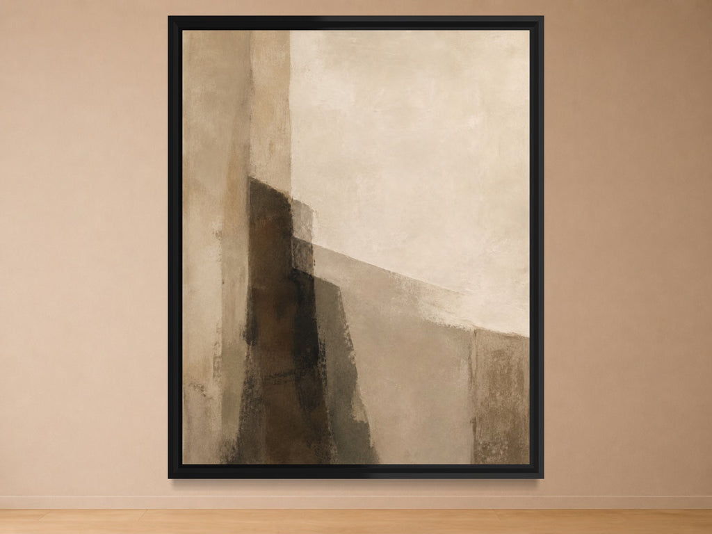 Quiet Form cream, taupe and dark brown abstract wall art in a black frame