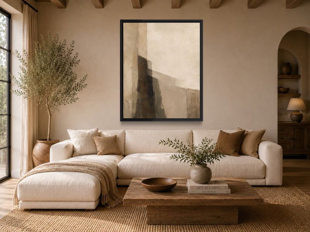 Quiet Form neutral abstract wall art above a cream sofa in a warm organic living room